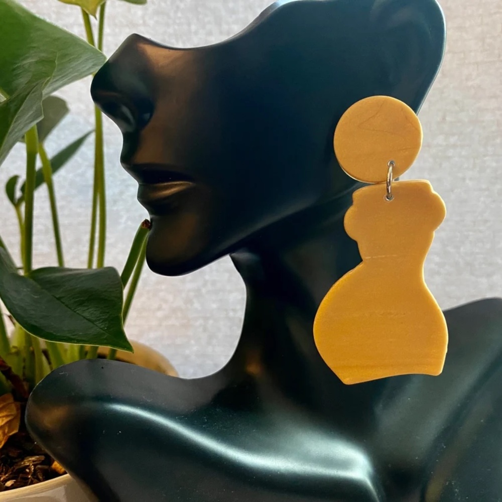 Handmade Clay Earrings | Forms of a Woman Silhouette | Yellow w/ Circle Stud